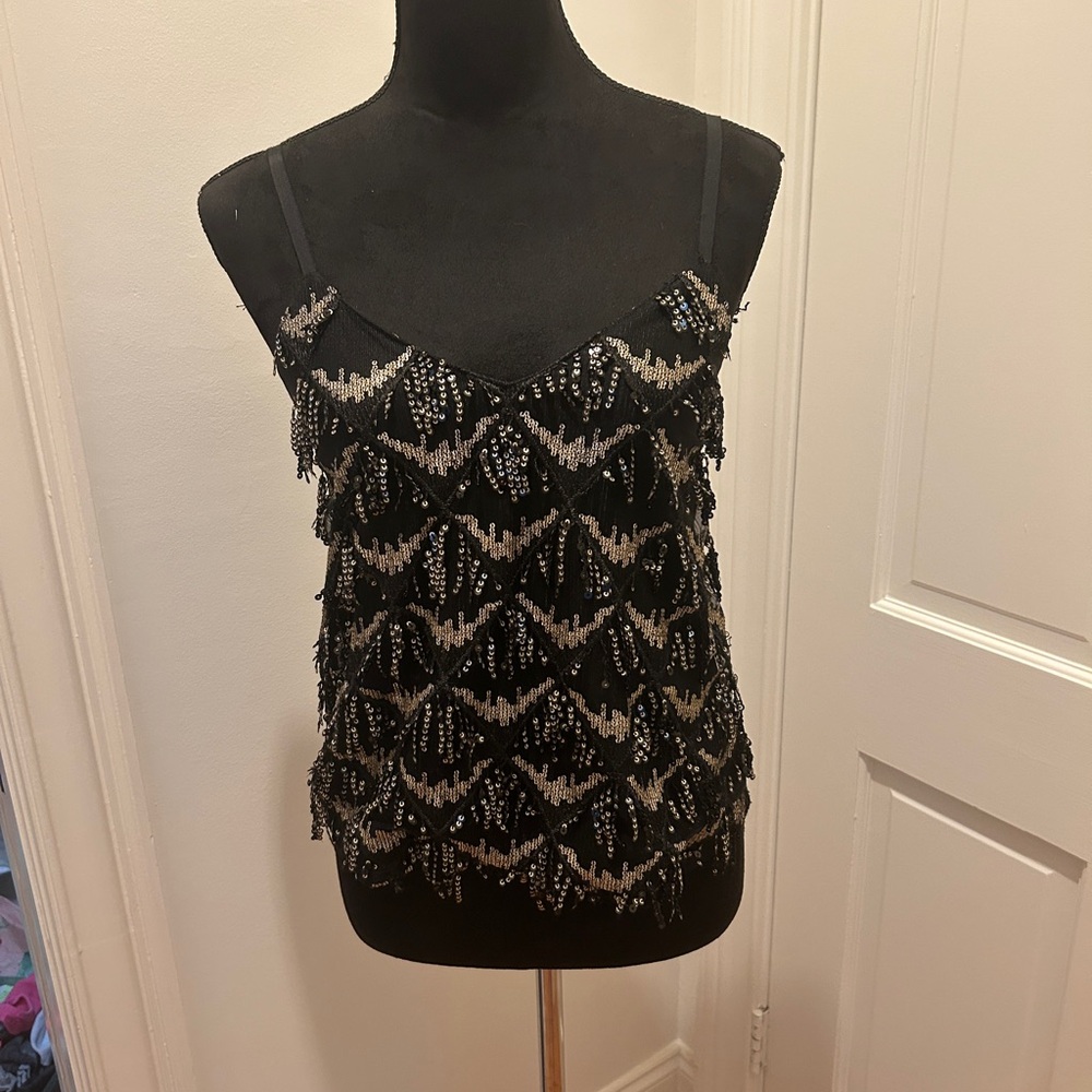 Sequined Anthropologie top with gold fringe details